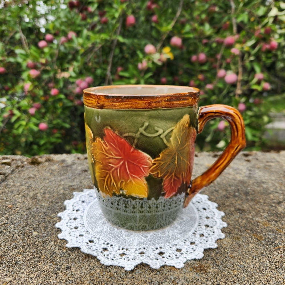 Autumn Leaf Embossed Ceramic Mug Green Orange Red Fall Harvest Rustic Wood Rim